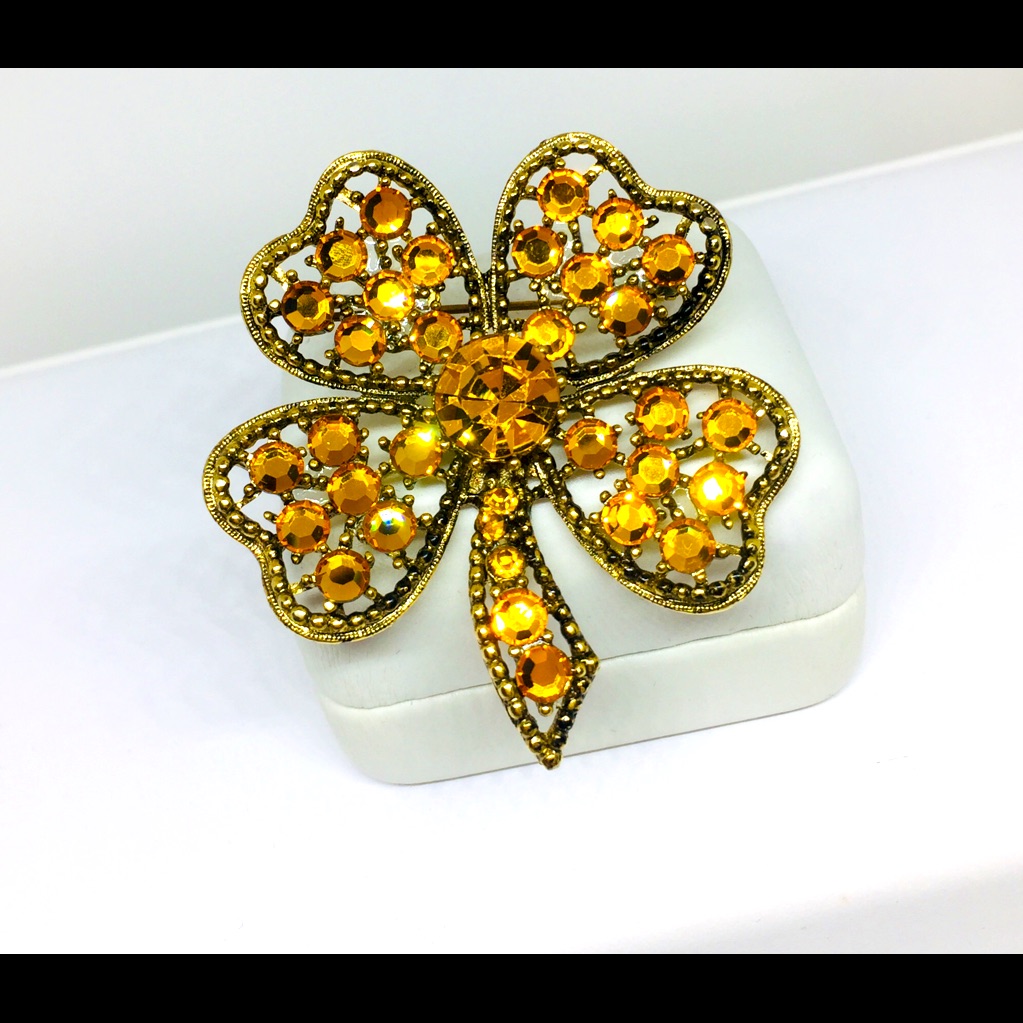 Vintage Signed Crystal Four Leaf Clover Brooch